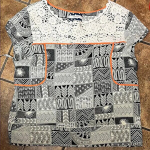 Comme Toi Black and White Patterned Women's Top with Orange Piping
